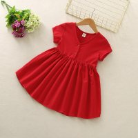 Children's summer new small and medium girls solid color V-neck large skirt short-sleeved dress princess dress  Red