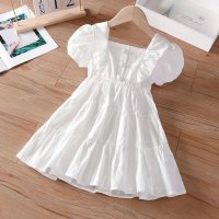 Meninas vestido de verão novo estilo cardigan anágua bebê cor sólida vestido de princesa crianças saia de manga curta  Branco