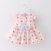 Summer new style children's clothing girls Korean style trendy abstract bird big bow dress  Pink