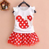 Girls' new Mickey head polka dot suit five sizes optional short-sleeved T-shirt + short skirt two-piece suit  Red