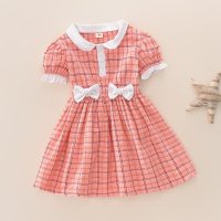 New brother and sister plaid dress beach vacation style short-sleeved plaid suspender suit  Pink