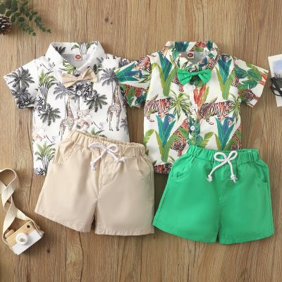 Conjunto de shorts com estampa de folhas para meninos, primavera e verão, estilo férias de praia, manga curta, conjunto de duas peças