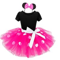 Girls Fashion Polka Dot European and American Style Mickey Dance Mesh Dress Princess Dress  Rose pink
