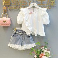 Summer thin Korean style new girls suit puff sleeve shirt plus lace denim shorts two-piece suit  White