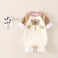 Baby Cute Color-block Bear Pattern Plush Jumpsuit  Khaki