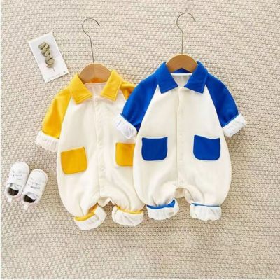Baby Pure Cotton Color-block Smiley Pattern Button-up Long-sleeved Long-leg Romper