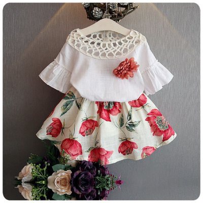 New style children's clothing summer two-piece suit new style baby girl hollow collar trumpet sleeve top short skirt suit