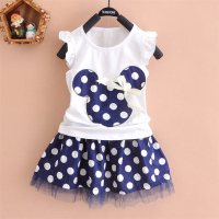 Girls' new Mickey head polka dot suit five sizes optional short-sleeved T-shirt + short skirt two-piece suit  Blue
