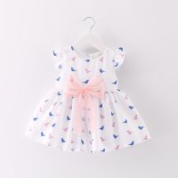 Summer new style children's clothing girls Korean style trendy abstract bird big bow dress  White