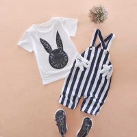 New summer suits for girls with cute printed suspenders and two-piece suits for boys with suspenders  White