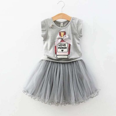 Summer new girls sequin bow perfume bottle T-shirt + tutu skirt set