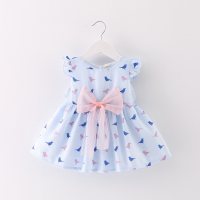 Summer new style children's clothing girls Korean style trendy abstract bird big bow dress  Light Blue
