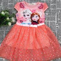 Girls Summer Short Sleeve Dress Tutu Skirt Frozen Series Elsa Princess Dress  Orange
