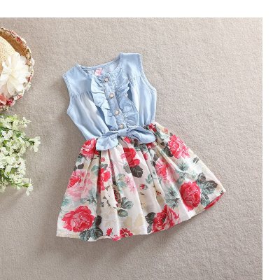 Falda para niños verano nuevo vestido de algodón con flores grandes de mezclilla con lazo