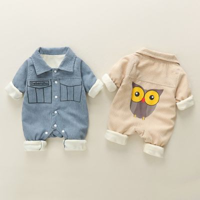 Baby Pure Cotton Owl Pattern Button-up Long-sleeved Long-leg Romper