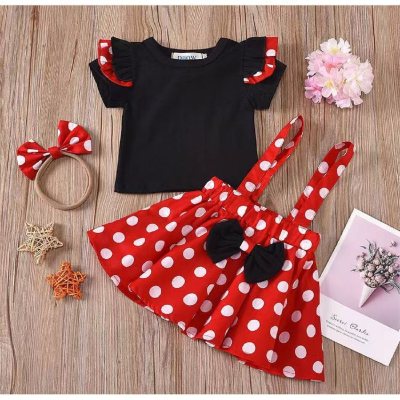 Pleated skirt for kids autumn and winter long-sleeved cartoon polka dot suspender skirt for kids with hair band 5T European and American girls suit