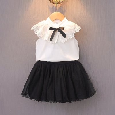 Novo estilo meninas verão sem mangas chiffon terno roupas da menina do bebê estilo coreano curto camiseta mangas voadoras terno de duas peças
