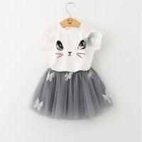 صيف جديد وصول ملابس الأطفال الفتيات لطيف القط تي شيرت + تنورة رقيق  أبيض
