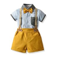 Novo estilo menino cavalheiro vestido terno verão estilo britânico camisa macacão menino desempenho roupas vestido de um ano de idade  Azul claro
