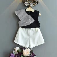 Girls summer new sleeveless T-shirt suit baby girl stylish vest fashionable chiffon shorts children two-piece suit  Black