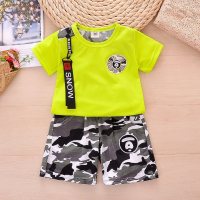 New summer Korean style children's short-sleeved suits for boys camouflage two-piece factory direct sales  Green