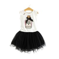 Summer new girls sequin bow perfume bottle T-shirt + tutu skirt set  White