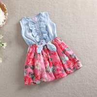Children's skirt summer new bow denim big flower cotton dress  Pink
