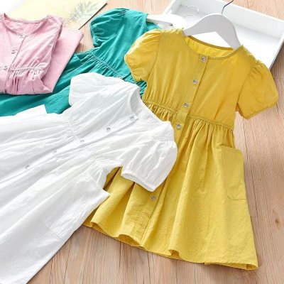 فستان بناتي صيفي بنمط جديد فستان قميص رقيق للأطفال بلون سادة فستان الأميرة بأكمام قصيرة