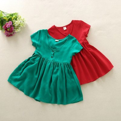 Children's summer new small and medium girls solid color V-neck large skirt short-sleeved dress princess dress