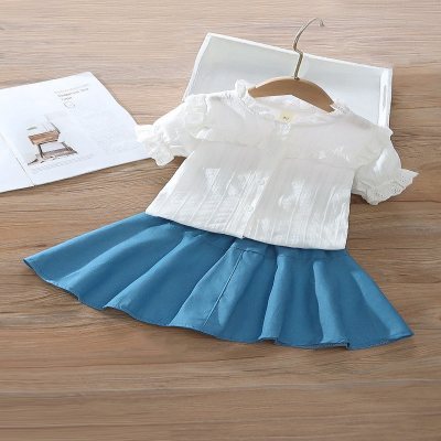New summer girls suit puff sleeve lace shirt + denim skirt two-piece suit
