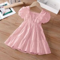 Girls dress summer new style cardigan petticoat baby solid color princess dress children short-sleeved skirt  Pink