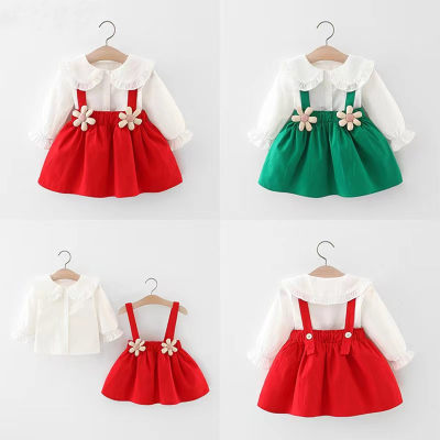 2-piece Baby Girl 100% Cotton Solid Color Lapel Shirt & Solid Color 3D Flower Decor Suspender Dress