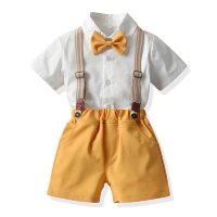 New style boy gentleman dress suit summer British style shirt overalls boy performance clothes one-year-old dress  White