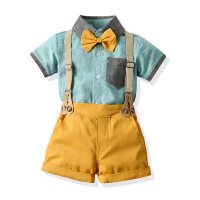 Novo estilo menino cavalheiro vestido terno verão estilo britânico camisa macacão menino desempenho roupas vestido de um ano de idade  Azul
