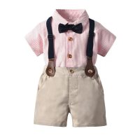 New style boy gentleman dress suit summer British style shirt overalls boy performance clothes one-year-old dress  Pink
