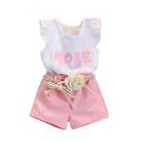 Conjunto de duas peças de algodão para meninas manga voadora jacquard babado + shorts conjunto de calças de princesa com cinto de flores  Rosa