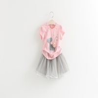 Conjunto de dos piezas de camiseta y falda de gasa con diseño de gato de flores en 3D para niña  Rosado