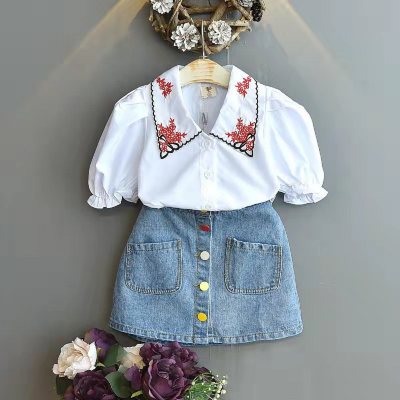 Girls' new summer style white shirt with large lapel, fashionable puff sleeve shirt + denim skirt, two-piece suit for children