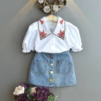 Girls' new summer style white shirt with large lapel, fashionable puff sleeve shirt + denim skirt, two-piece suit for children  White