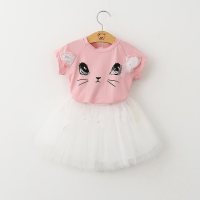 Novedad de verano, ropa para niños, camiseta bonita para niñas con gato + falda esponjosa  Rosado