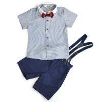 New style boy gentleman dress suit summer British style shirt overalls boy performance clothes one-year-old dress  Deep Blue