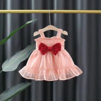 Sommer dünne Mädchen Bogen Hosenträger Rock Prinzessin Rock Baby Mädchen Sommerkleid stilvolle Kinder Kleid  Rosa