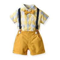 New style boy gentleman dress suit summer British style shirt overalls boy performance clothes one-year-old dress  Yellow