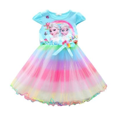 Verão meninas vestido bonito verão moda infantil manga curta congelado elsa vestido de princesa