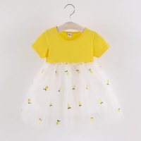 Novo verão meninas vestido de manga curta verão bebê elegante saia de malha menina princesa saia tutu  Amarelo