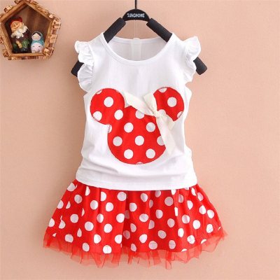 Girls' new Mickey head polka dot suit five sizes optional short-sleeved T-shirt + short skirt two-piece suit