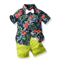 Vendita calda di Amazon primavera ed estate ragazzi stampa foglia + pantaloncini tuta stile vacanza al mare pantaloncini a maniche corte abito a due pezzi  verde