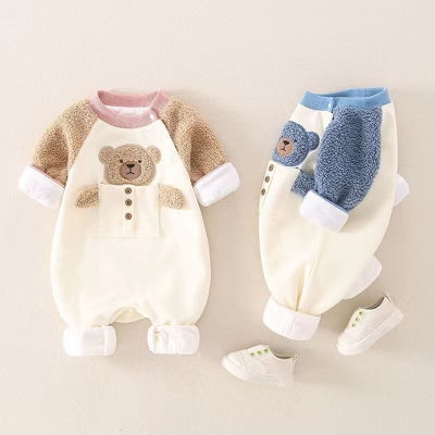 Baby Cute Color-block Bear Pattern Plush Jumpsuit