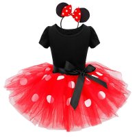 Meninas Moda Polka Dot Estilo Europeu e Americano Mickey Dance Malha Vestido Princesa  Vermelho