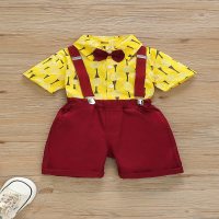 New spring and summer boys print + shorts suit gentleman holiday style short-sleeved shorts two-piece suit  Yellow